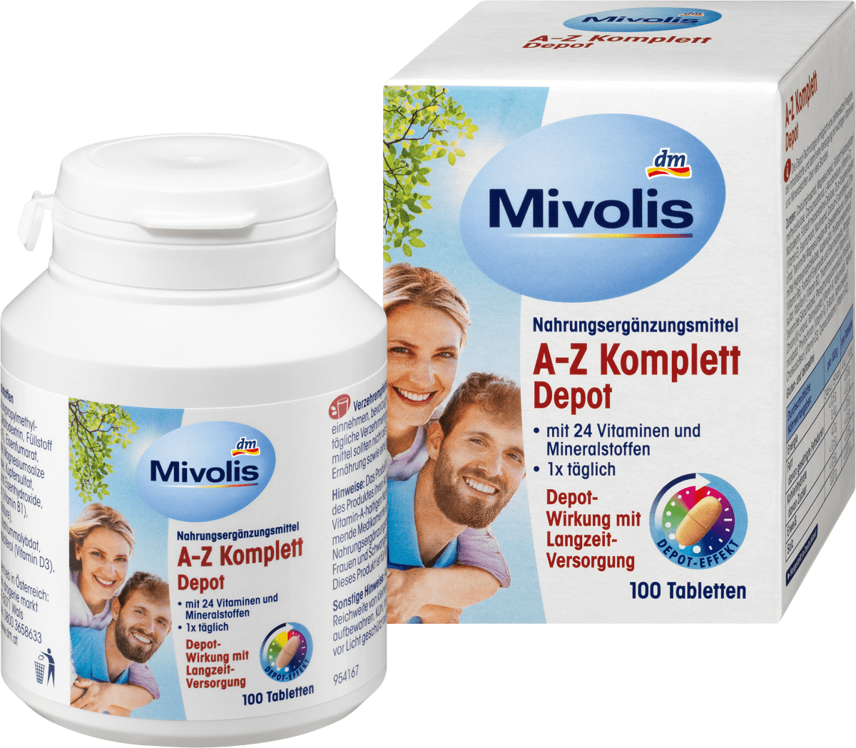 مولتی ویتامین A-Z میوولیس ۱۰۰ عددی ۱۳۸ گرم, برای زیر ۵۰ سال. Mivolis A-Z Komplett Depot, Tabletten, 100 St., 138 g
