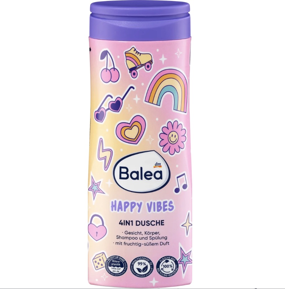 شامپو سر و بدن 4 در 1 برای کودکان،300 میلی لیتر,  Balea Kids 4in1 Dusche Happy Vibes, 300 ml